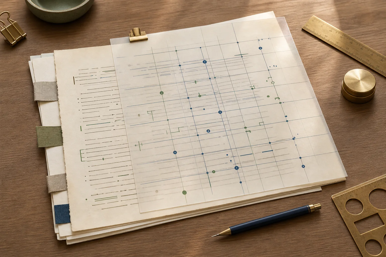 A close revision spread where manuscript pages are compared against a transparent structure grid and plotted markers.